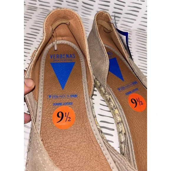 Verbenas Espadrilles Suede Flats Sz 9.5 Tan Leather Peep Toe Shoes SPAIN NEW - Picture 6 of 8
